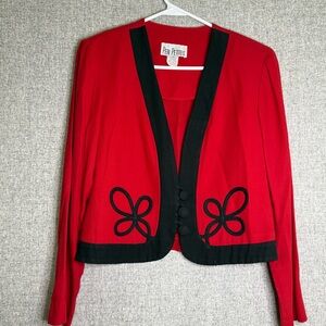 Vintage 80s 90s Red Cropped Jacket Bolero with Black Soutache Trim Size Large P‎